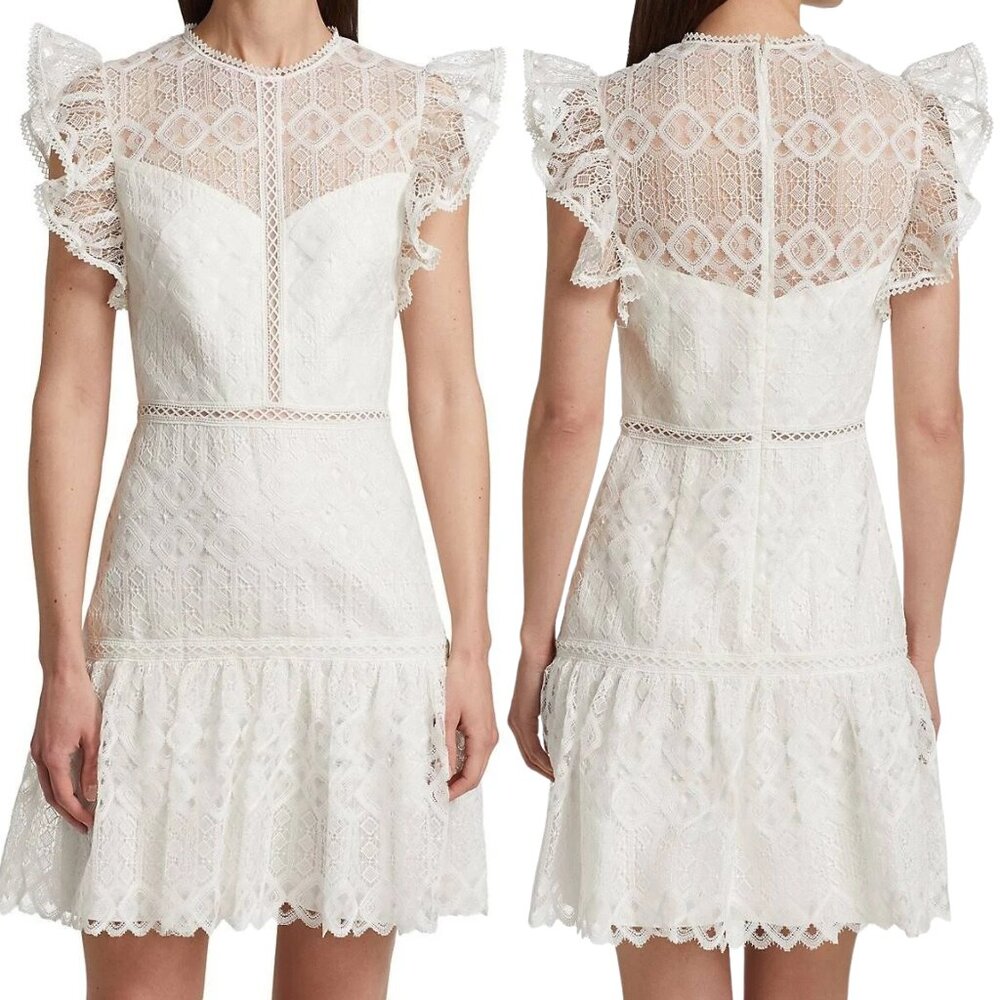 NWT ML Monique Lhuillier Lace Cap-Sleeve Midi Dress, Size 4